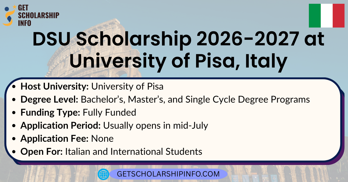 DSU Scholarship 2026-2027 at University of Pisa, Italy