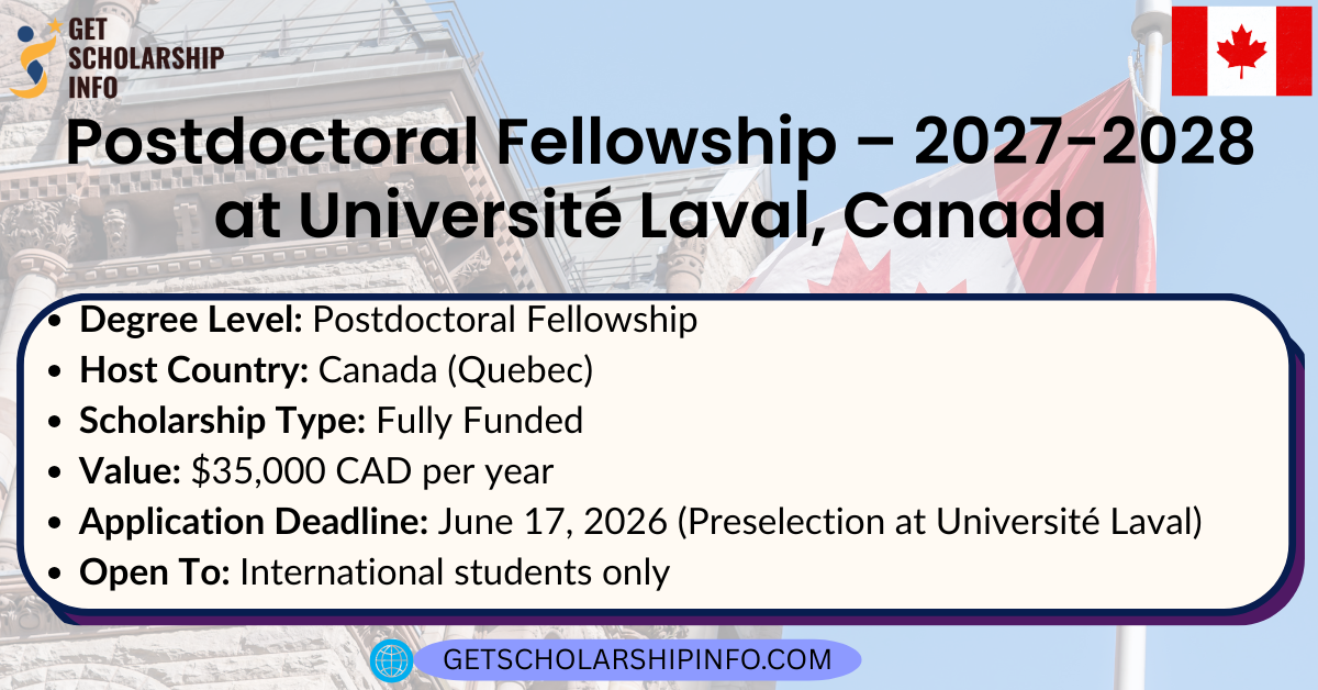 Postdoctoral Fellowship – 2027-2028 at Université Laval, Canada