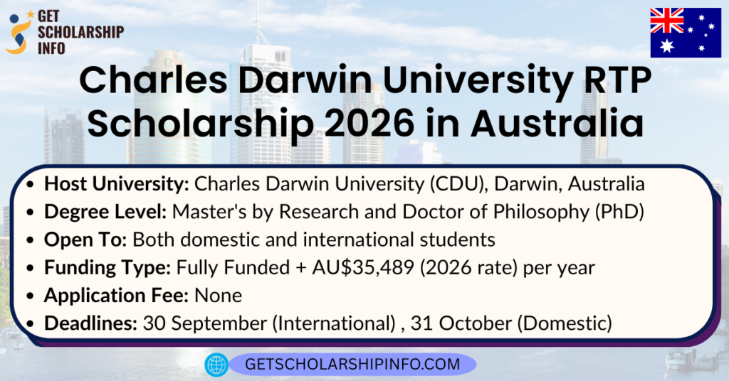 Charles Darwin University RTP Scholarship 2026 in Australia