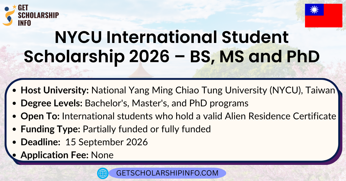 NYCU International Student Scholarship 2026 – BS, MS and PhD